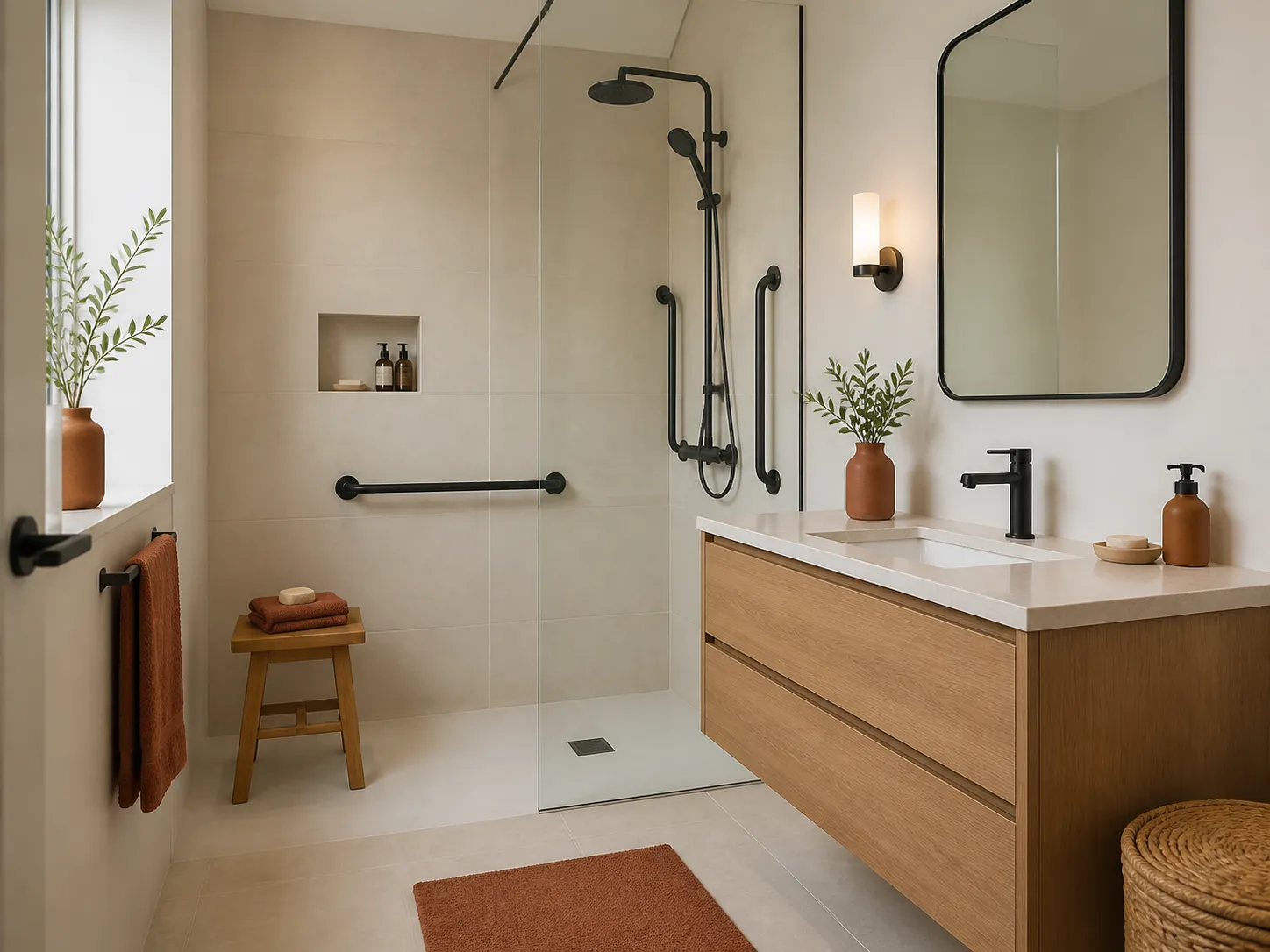 Baño contemporáneo accesible con madera clara y tonos piedra