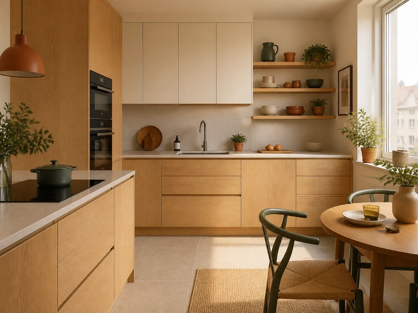 Cocina contemporánea de madera clara con almacenaje organizado