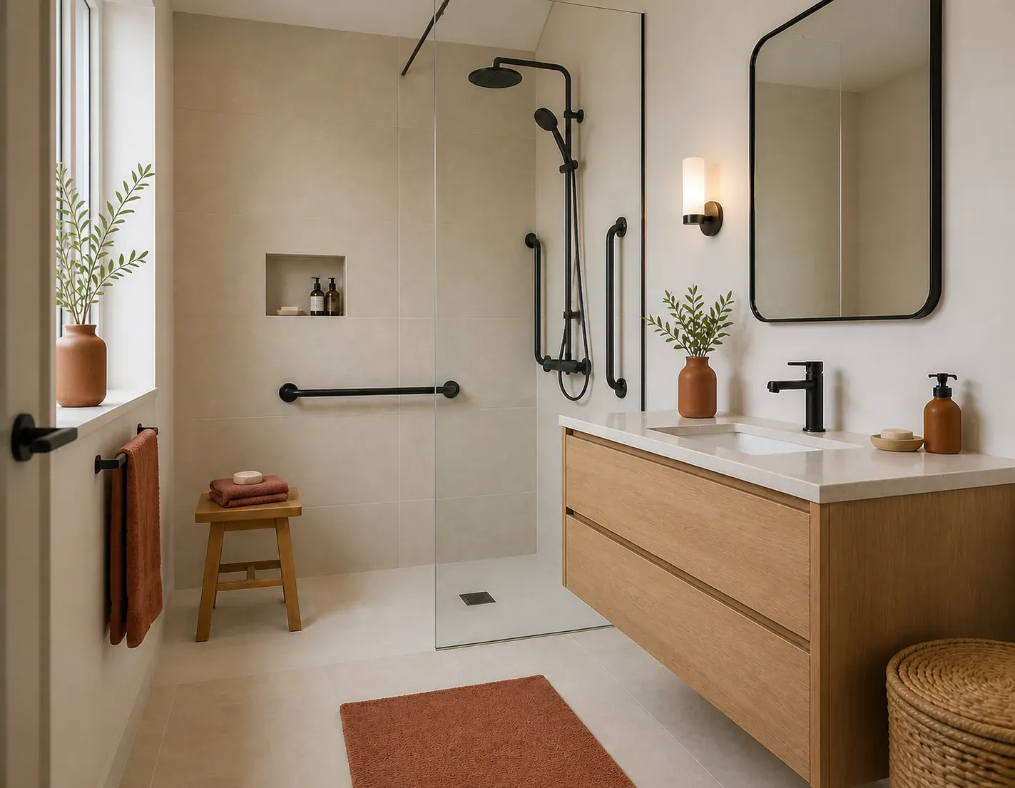Baño conceptual después de reorganizarlo con ducha accesible y almacenaje