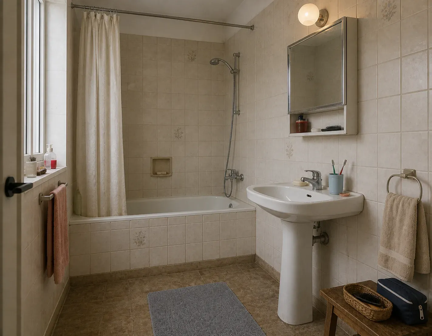 Baño conceptual antes de la reforma, con bañera y acabados antiguos